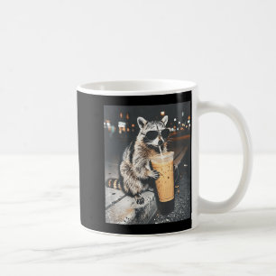 (on back) raccoon drinking iced coffee funny anima mug