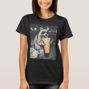 (on back) raccoon drinking iced coffee funny anima T-Shirt