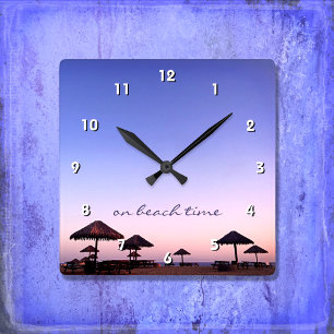 “On Beach Time” California Palapa Sunset Photo Square Wall Clock