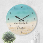 On Beach Time (Customizable!) Coastal Beach Photo Large Clock<br><div class="desc">Easily personalize Nautical Boutique Co.'s  pretty "On Beach Time" coastal beach photo clock,  featuring an aqua ocean and sandy beach picture,  with another short phrase,  if desired. Perfect for your coastal decor room makeover or beach cottage! #DIY #Coastal #Decor #Beach  #BeachTime</div>