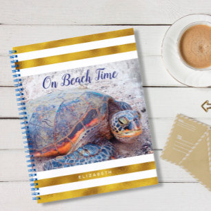 On Beach Time Hawaiian Sea Turtle Gold Stripes Notebook
