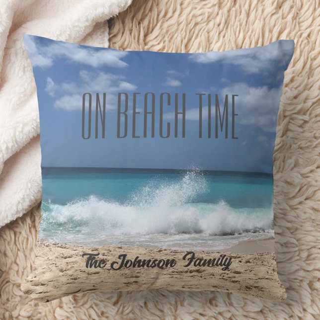 On Beach Time Personalized Tropical Paradise  Throw Pillow (Personalized Beach Throw Pillow, Family Name, Beach House Gift, Housewarming Gift)