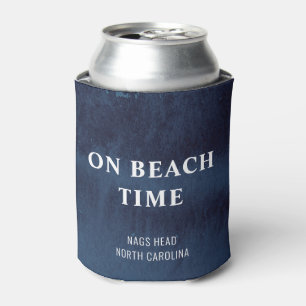 ON BEACH TIME WATERCOLOR NAVY TYPOGRAPHY  CAN COOLER