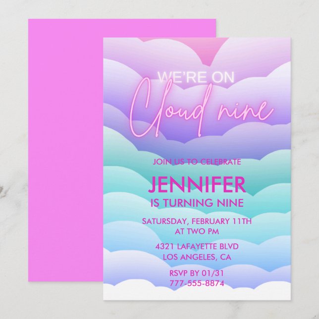 On Cloud 9 Birthday Invitation 9th Magical Pink (Front/Back)