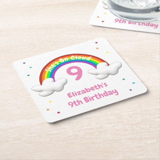 On Cloud 9! Rainbow Birthday Square Paper Coaster (Angled)