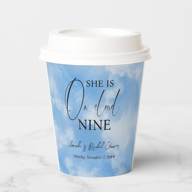 On Cloud Nine 9 Calligraphy Blue Bridal Shower Paper Cups (Front)