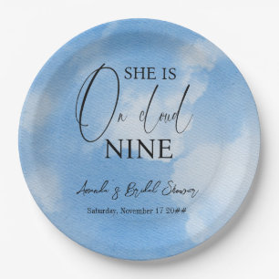 On Cloud Nine 9 Calligraphy Blue Bridal Shower Paper Plate