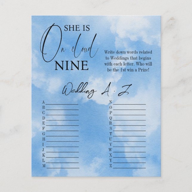 On Cloud Nine Calligraphy Blue Bridal Shower Game (Front)