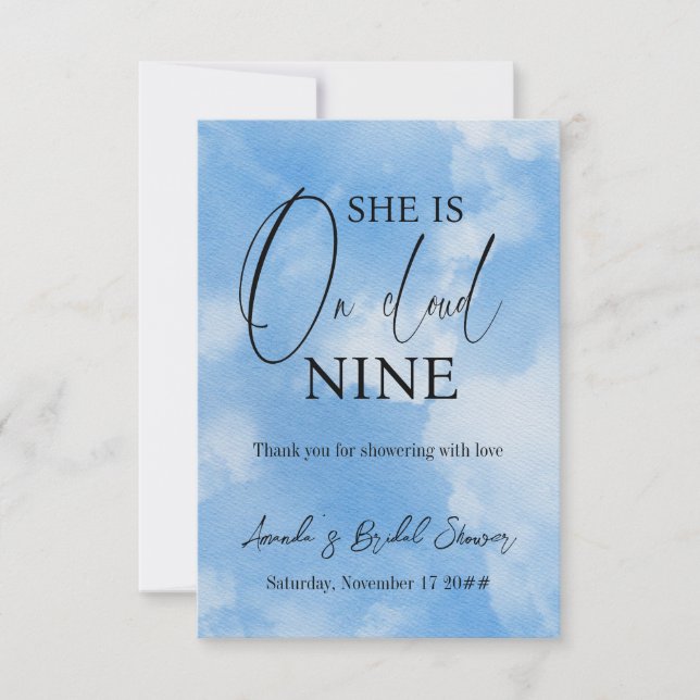 On Cloud Nine Calligraphy Blue Bridal Shower Thank Thank You Card (Front)