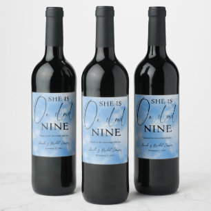 On Cloud Nine Calligraphy Blue Bridal Shower Thank Wine Label