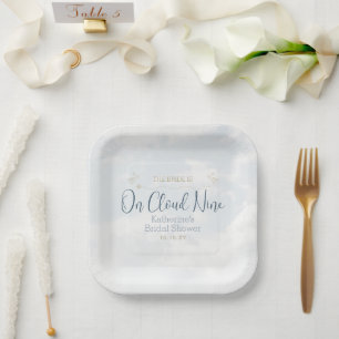 On Cloud Nine Elegant Dusty Blue Bridal Shower Paper Plate