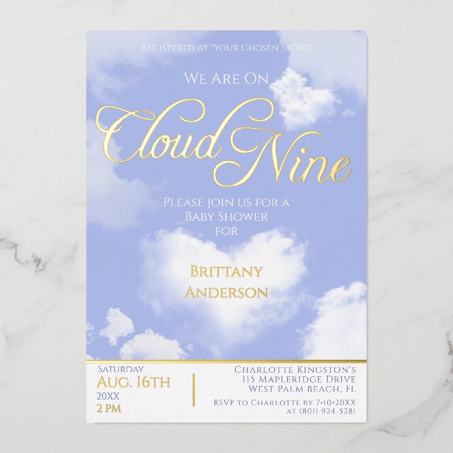 On Cloud Nine Elegant Script Baby Shower Gold (Front)