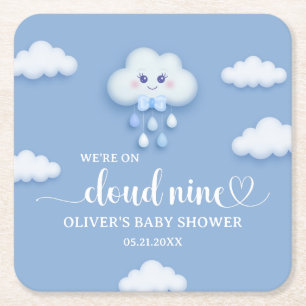 On Cloud Nine Modern Blue Boy Baby Shower Square Paper Coaster