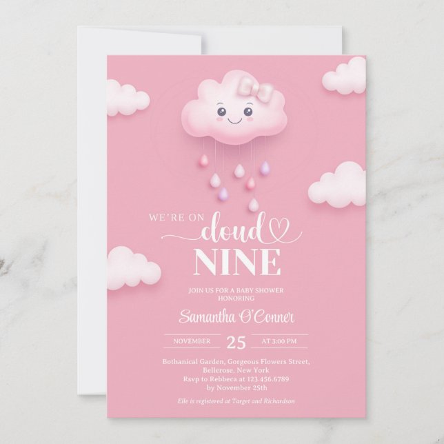 On Cloud Nine Modern Pink Baby Shower Invitation (Front)