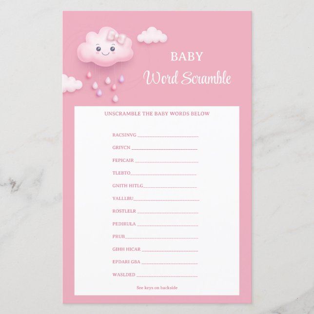 On Cloud Nine Modern Pink Girl Baby Word Scramble (Front)