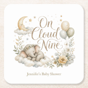 On Cloud Nine, Personalized Gender Neutral Elephan Square Paper Coaster