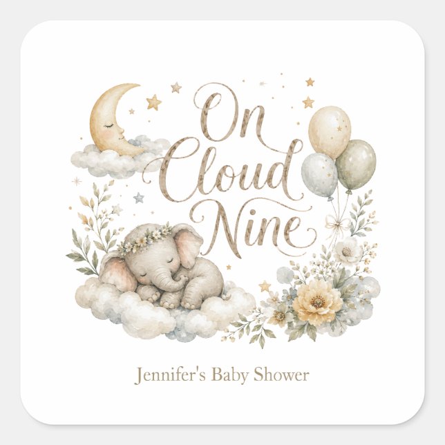 On Cloud Nine, Personalized Gender Neutral Elephan Square Sticker (Front)