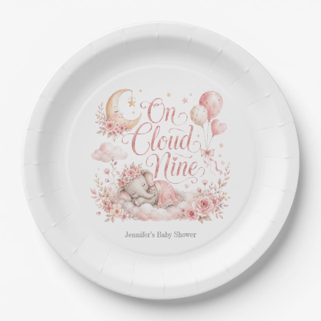 On Cloud Nine, Personalized Pink Elephant Moon Gir Paper Plate (Front)