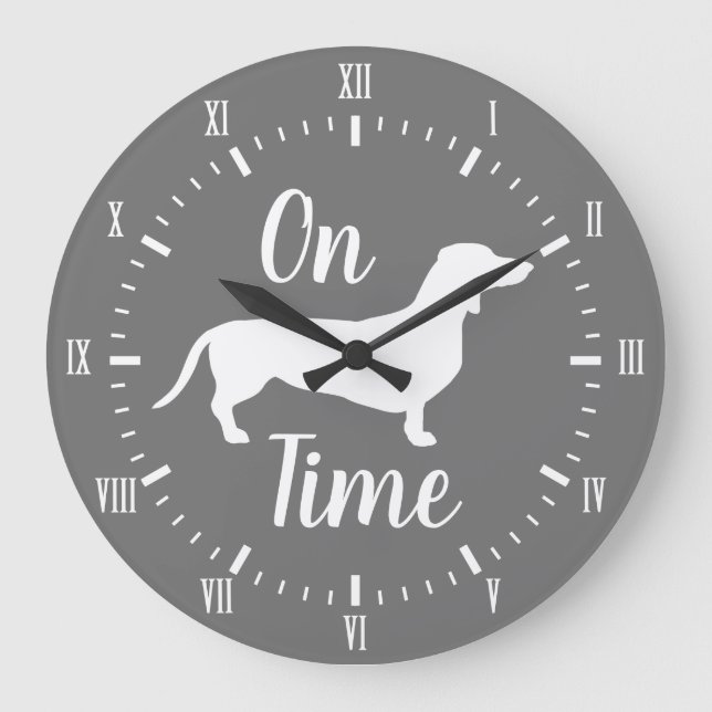 On Dachshund Time Gray & White Large Clock (Front)