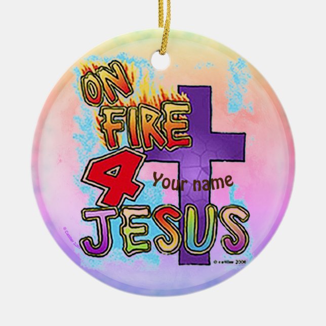 On Fire For Jesus Christian cross  Ceramic Ornament (Front)