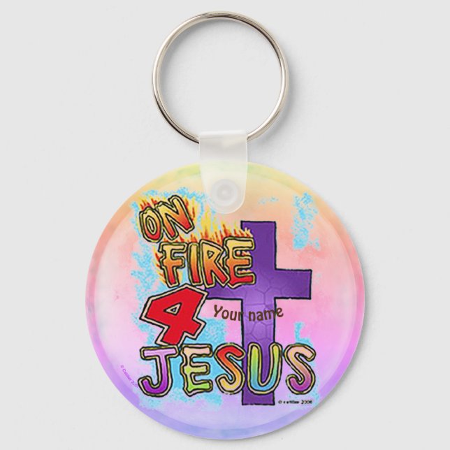 On Fire For Jesus Christian cross  Keychain (Front)