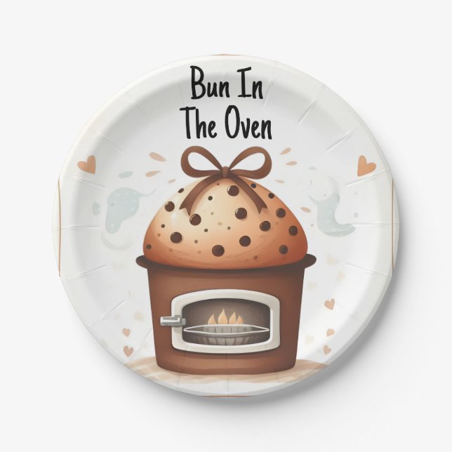 On Fun Retro Boho Cake Bun In The Oven Baby Shower Paper Plate (Front)