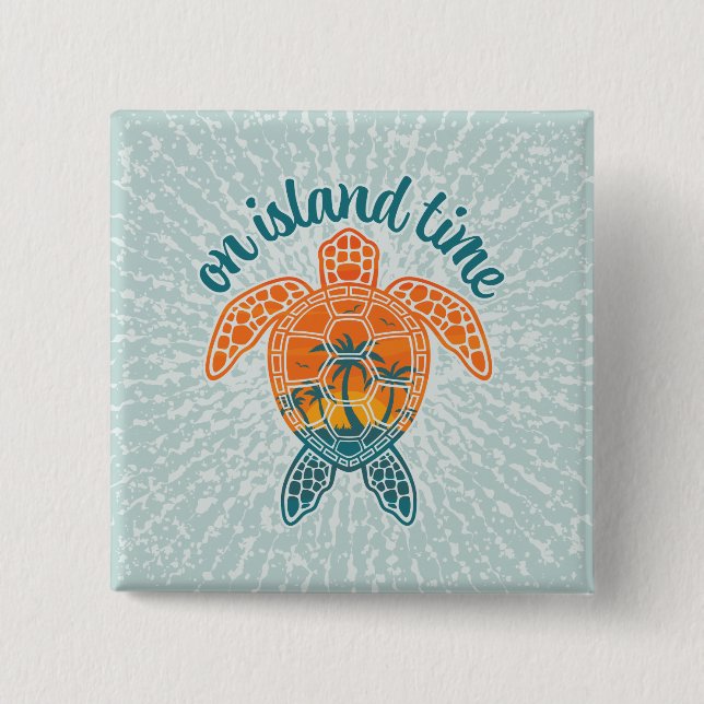 On Island Time Tropical Sunset Sea Turtle Design 2 Inch Square Button (Front)