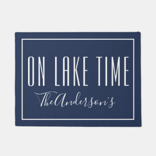 On Lake Time Personalized Blue White Doormat