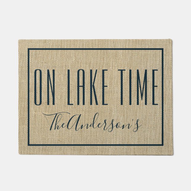 On Lake Time Personalized Burlap Look Doormat (Front)