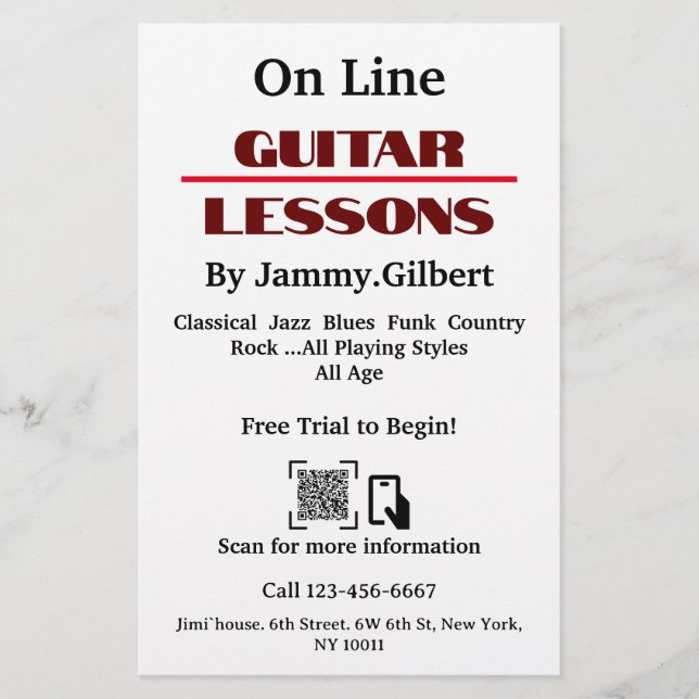 On Line Guitar Lessons Flyer Double-sided printing (Front)