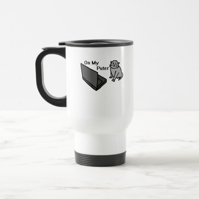 On My Puter Funny Computer Gray Cat Meme Travel Mug (Left)