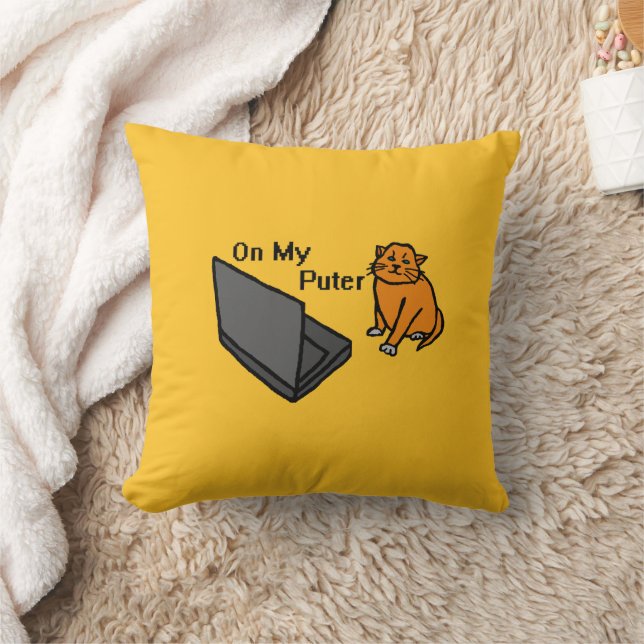 On My Puter Funny Computer Orange Cat Meme Throw Pillow (Blanket)