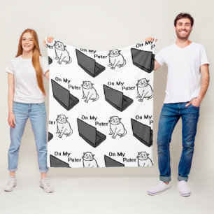 On My Puter Funny Computer White Cat Meme Fleece Blanket