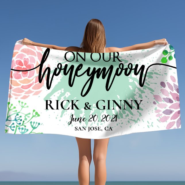 On Our Honeymoon - Watercolor Splash Newlyweds  Beach Towel (Creator Uploaded)