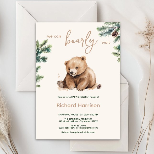 On peut attendre avec baby shower invitation (Bearly wait cute watercolor forest baby shower invitation )