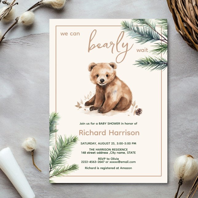 On peut attendre avec baby shower invitation (Bearly wait cute watercolor forest baby shower invitation )