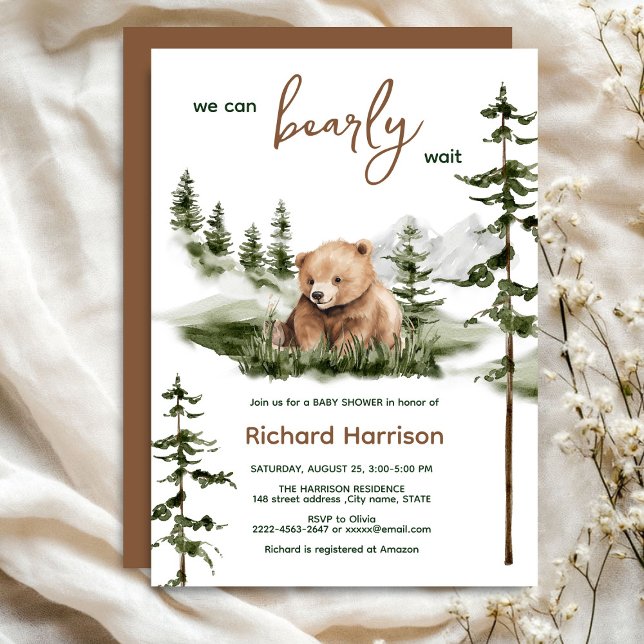On peut attendre avec baby shower invitation (Bearly wait cute watercolor forest baby shower invitation )