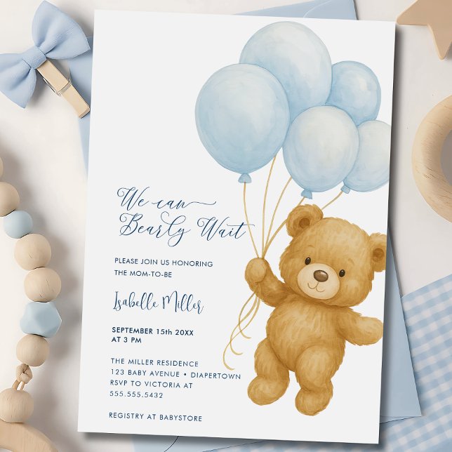 On peut attendre Blue Boy Baby shower Invitation (We can Bearly Wait boy Baby Shower Invitation)