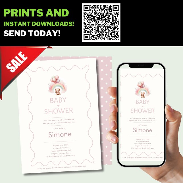 On peut attendre Boho Teddy Bear Invitations roses (Créateur téléchargé)