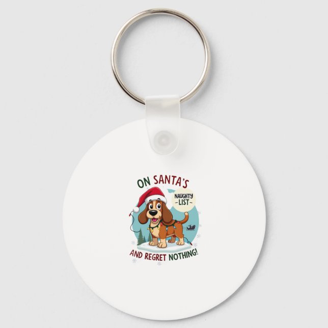 On Santa's Xmas Naughty List Regret Nothing Basset Keychain (Front)