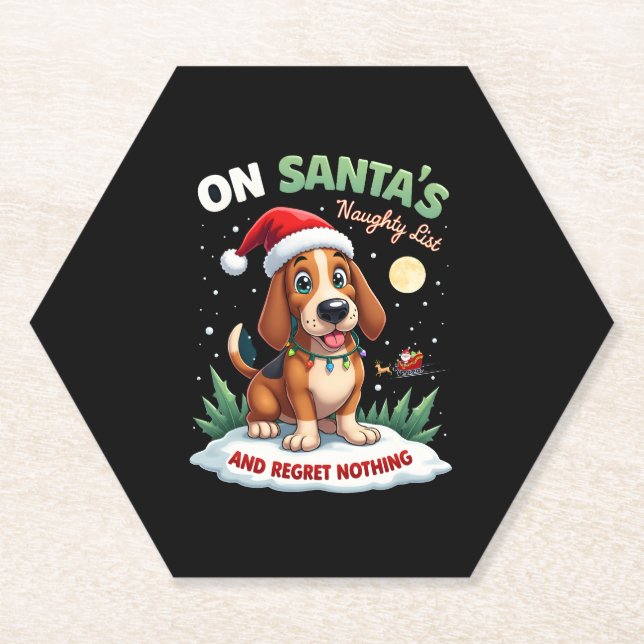 On Santa's Xmas Naughty List Regret Nothing Basset Paper Coaster (Front)