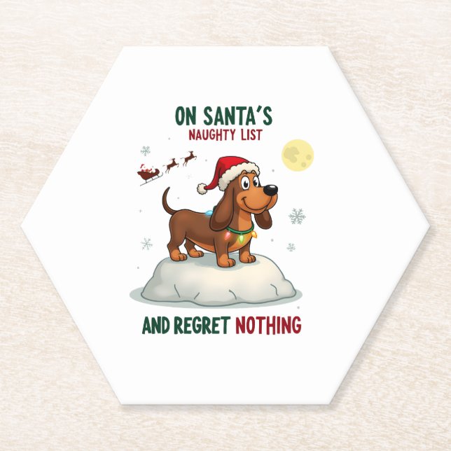 On Santa's Xmas Naughty List Regret Nothing Basset Paper Coaster (Front)