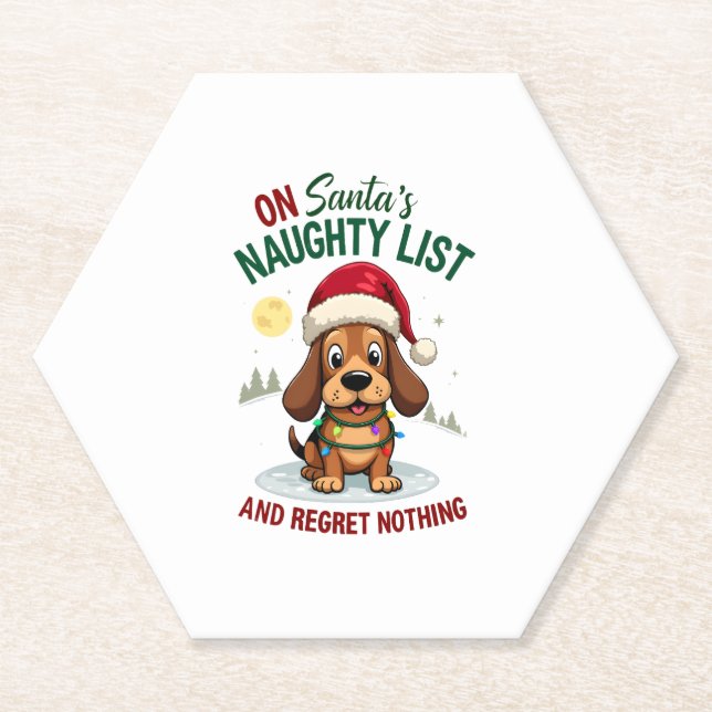 On Santa's Xmas Naughty List Regret Nothing Basset Paper Coaster (Front)