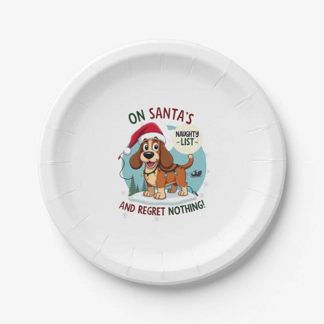 On Santa's Xmas Naughty List Regret Nothing Basset Paper Plate (Front)
