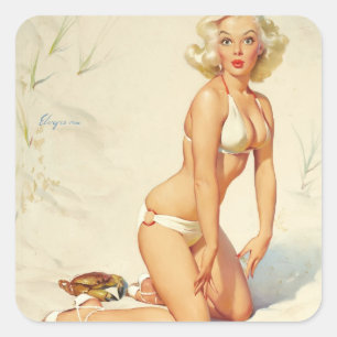 On the Beach Retro Pin-up Girl Square Sticker