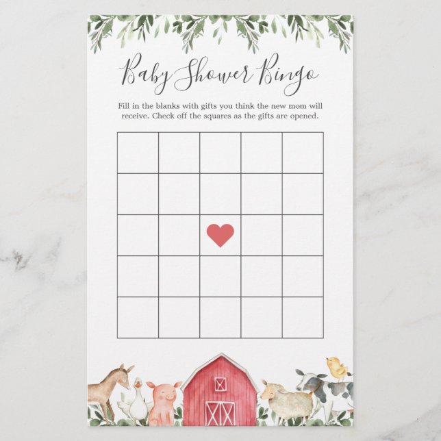 On The Farm Animals Baby Shower Bingo Game (Front)