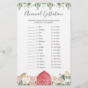 On The Farm Baby Shower Animal Gestation Game