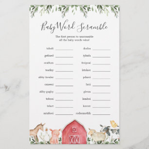 On The Farm Baby Shower Word Scramble Game