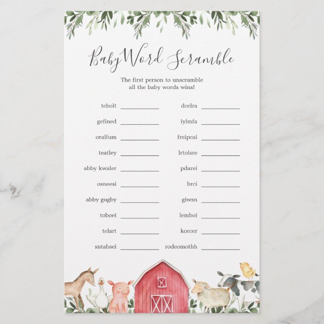 On The Farm Baby Shower Word Scramble Game (Front)