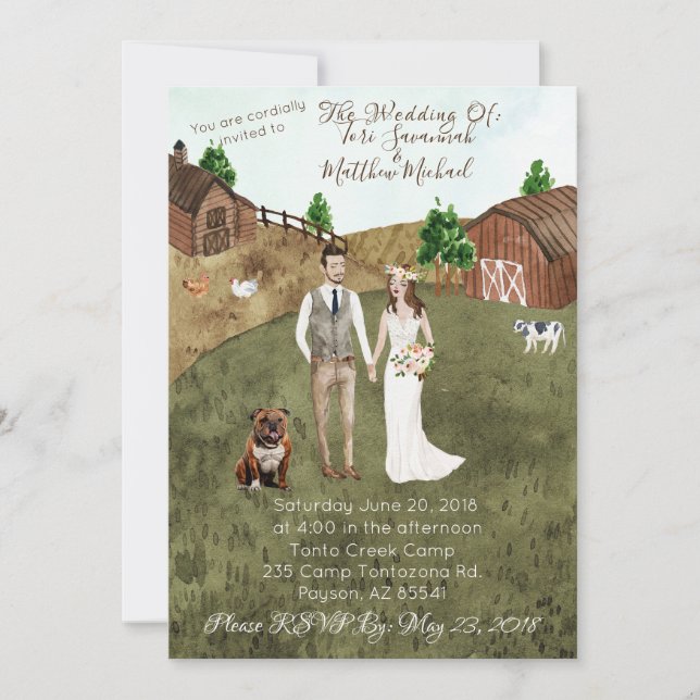 On The Farm Wedding Invitation - Brunette-Bulldog (Front)